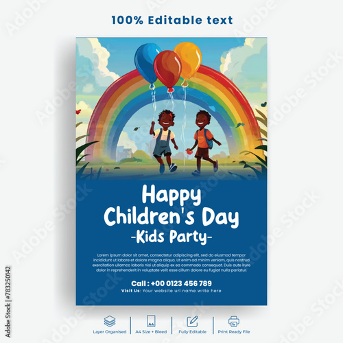 Hand drawn flat Happy Children`s Day print ready flyer or poster template illustration, kids illustration, african kids playing with balloon, rainbow blue sky background © joynul