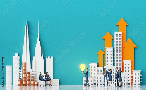 Business team meets investors in the City, presenting a new startup idea. Background with beautiful city buildings and skyscrapers and copy space. 3D rendering 