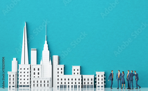 City background with beautiful white  skyscrapers periodic buildings and copy space. 3D rendering