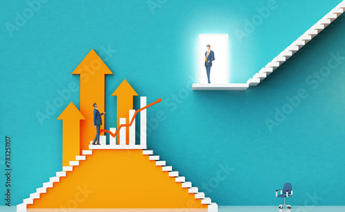 Businessman introducing a new startup in finance to investors. Business environment concept with stairs and open door representing prospects, opportunity, achievement, success. 3D rendering