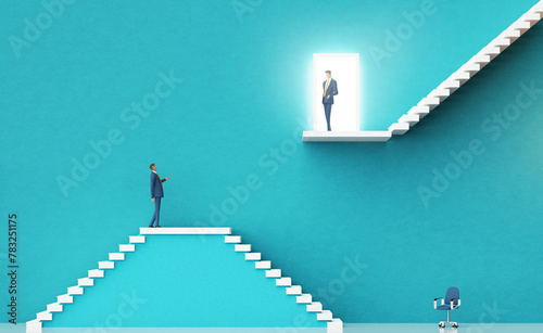 Businessman approaching for interview.  Business environment concept with stairs and open door. 3D rendering