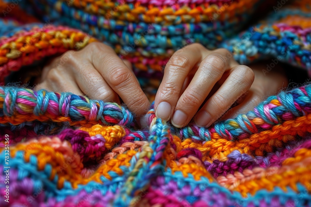 A detailed image capturing the intricate craft of knitting with colorful yarn, showcasing the skill and patience required for this hobby A detailed image capturing the intricate craft of knitting with colorful yarn, showcasing the skill and patience required for this hobby