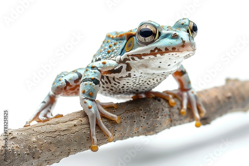Tree frog sits on the branch isolated on white background. Close up detailed photography of a beautiful amphibian animal.
