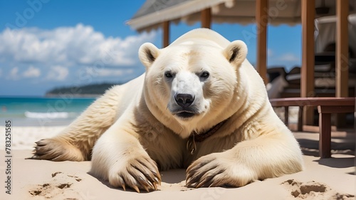 A polar bear is lounging on a summer beach while on vacation at a coastal resort.