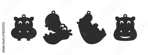 Set of cute hippo earring designs. Vector silhouette for cutting earrings, pendant or keychain. Laser cut template for leather, wood and metal