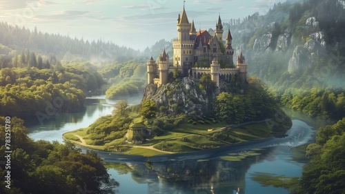 Fairytale castle surrounded by greenery and river. photo