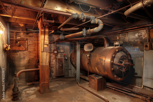 Old house basement with boiler system a heating pipes AI Generative