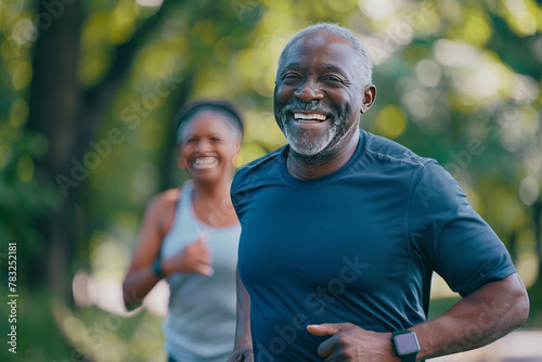 An old African American couple running wearing sports apparel