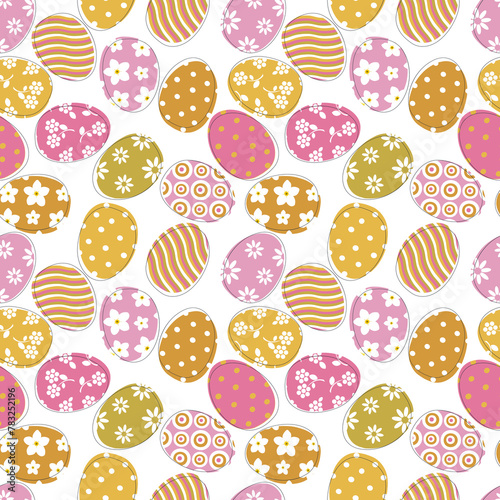 Painted colorful Easter eggs on a white background form a seamless pattern for textiles and wrapping paper. 