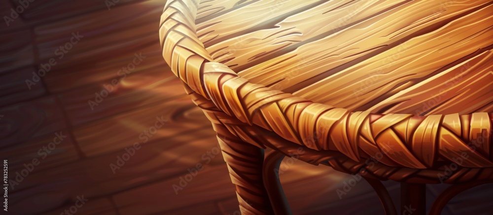 Wicker table featured up close exhibiting its wooden top surface - obrazy, fototapety, plakaty 