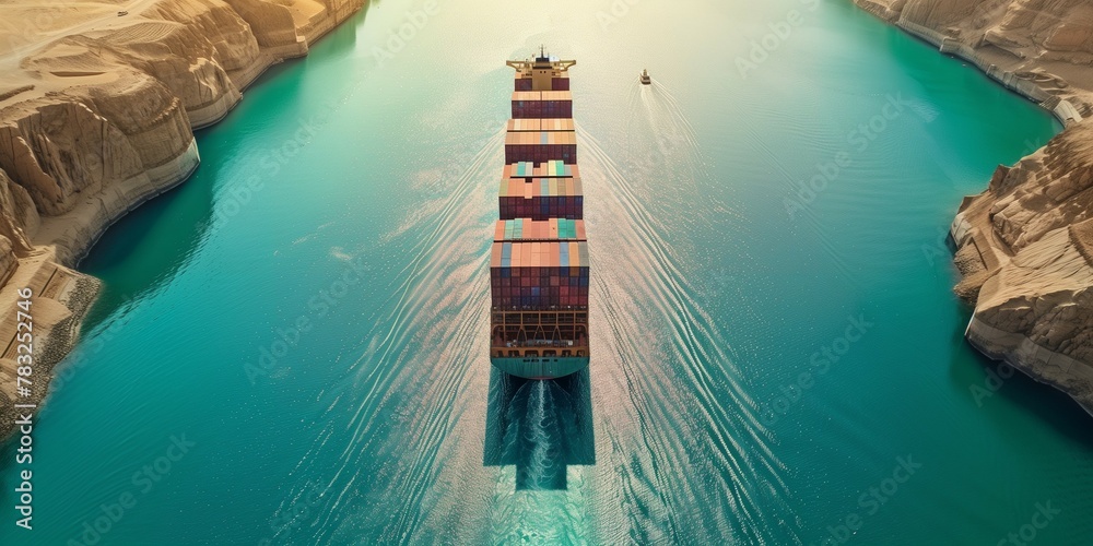 A photo taken by a drone top down of a cargo container vessel moving through the red sea/suez canal loaded with shipping containers