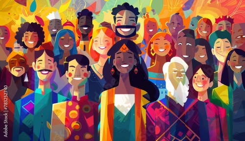 A diverse group of people from different cultures and backgrounds, all smiling in unity colorful with an abstract background that reflects the diversity among human beings Generative AI