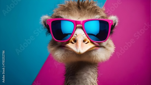 Funny ostrich with sunglasses in a brightly colored studio setting.