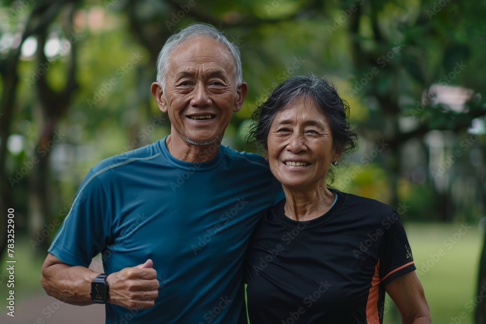An old Asian couple posing together wearing sports apparel An old Asian couple posing together wearing sports apparel