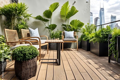 Beautiful of modern terrace with wood deck flooring and fence, green potted flowers plants and outdoors furniture. Cozy relaxing area at home. Sunny stylish balcony terrace in the city