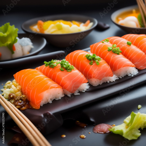 Sushi photo. Nigiri and maki set. Japanese seafood. Japan traditional gourmet. Restaurant menu. Food photography.