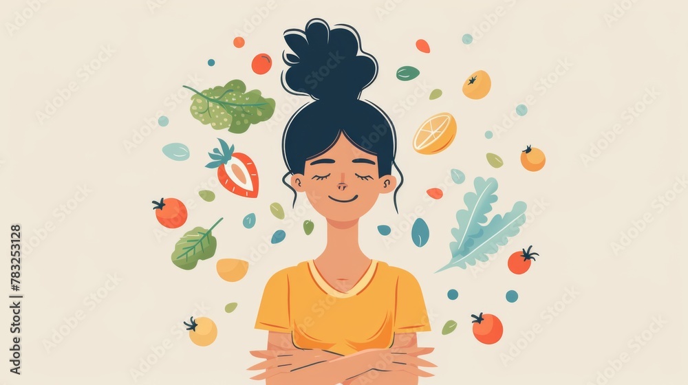 Woman Eating Healthy, Sleeping and Exercising Vector Illustration. Cheerful girl being well fed and rested following health routine 
