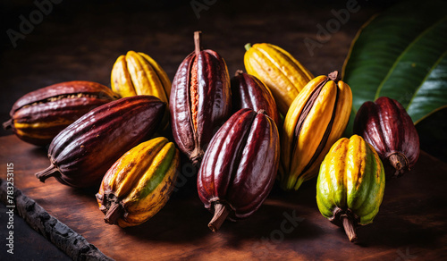 A vibrant collection of cacao pods in various stages of ripeness from roça diogo vaz, on rustic wood, showcasing the natural diversity of cacao. Chocolate Production Background, Backdrop. photo