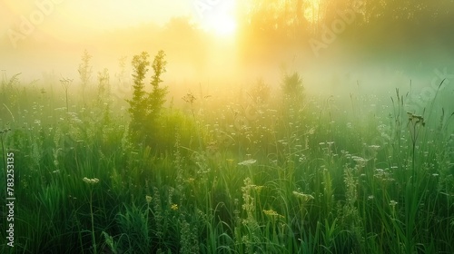 Dewy and foggy field in the morning or evening mist 