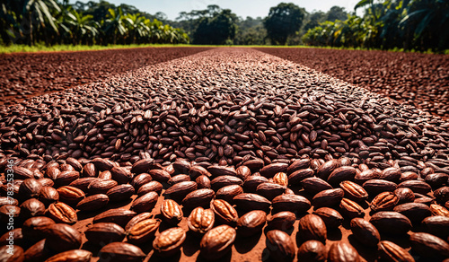 Sun-dried cocoa beans or cacao beans spread across a large surface at a chocolate plantation.