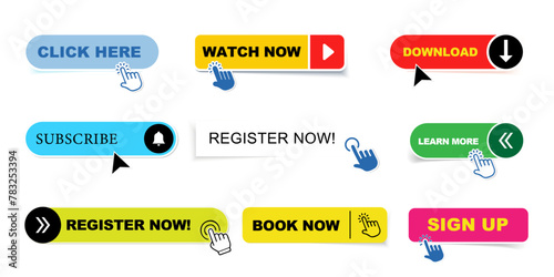 Read More, learn more, buy now, download, watch now, book more colorful button set. UI UX website button 