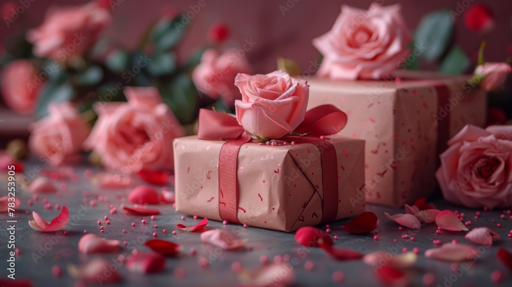 Heart-shaped ribbon with gift boxes and roses on a pink backdrop. A composition to encompass Valentine's Day, Mother's Day, and birthday celebrations, portraying a romantic theme Heart-shaped ribbon with gift boxes and roses on a pink backdrop. A composition to encompass Valentine's Day, Mother's Day, and birthday celebrations, portraying a romantic theme