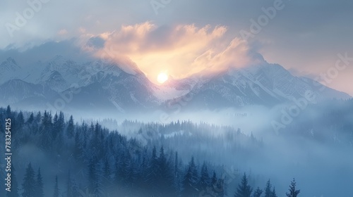 Dewy and foggy mountains in the morning or evening  mist  © Natalia