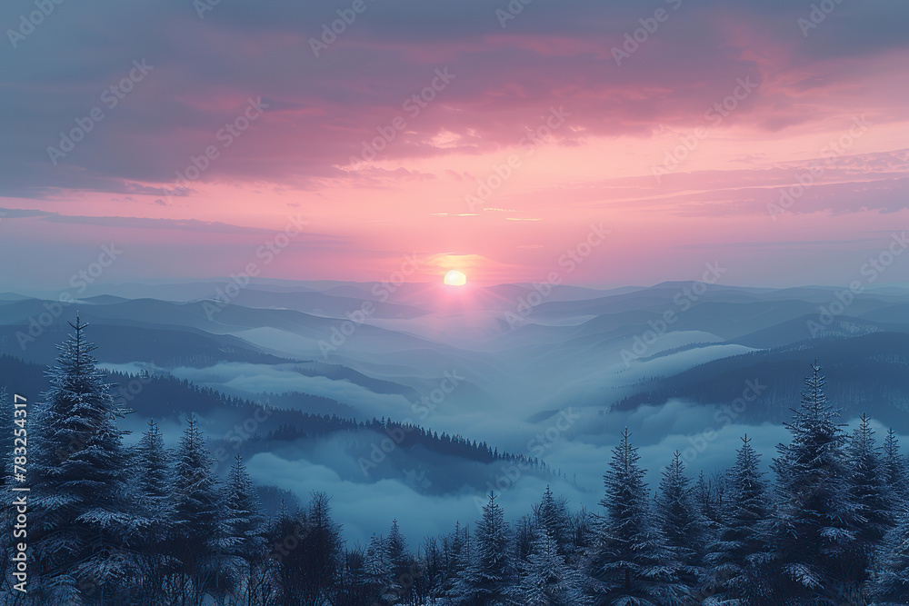 A beautiful mountain range with a sun setting in the background. The sky is a mix of pink and blue hues, creating a serene and peaceful atmosphere. The mountains are covered in snow