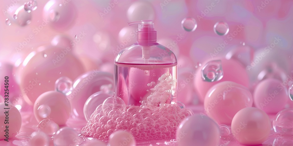 Product shot of a liquid soap. Vibrant pink and shades of bubble gum. Product shot of a liquid soap. Vibrant pink and shades of bubble gum.