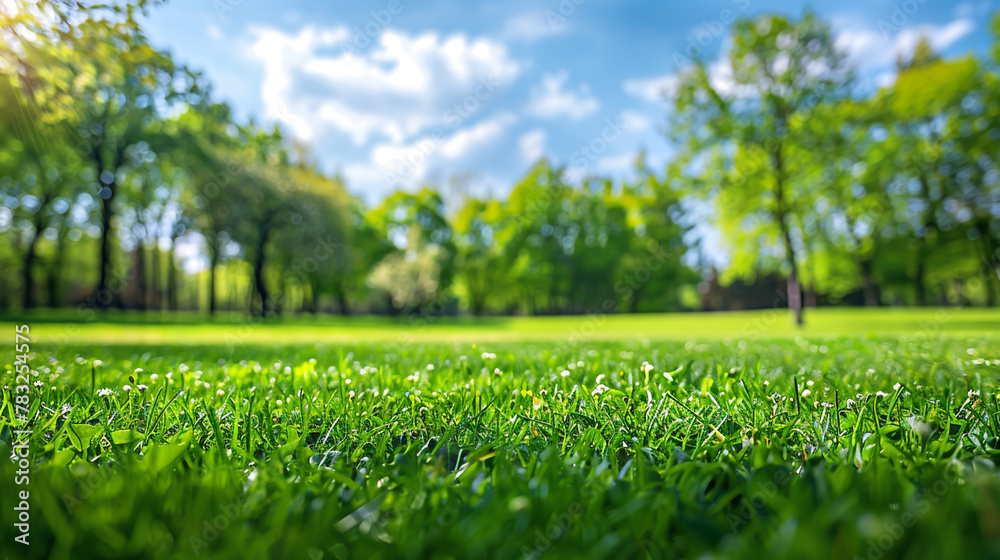 A tranquil spring scene with lush green lawn surrounded by trees, against a blurred backdrop.