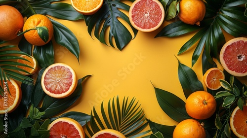 Composition for summer with tropical palm leaves and citrus fruits on a blank yellow paper set against a yellow background, representing the summer concept 