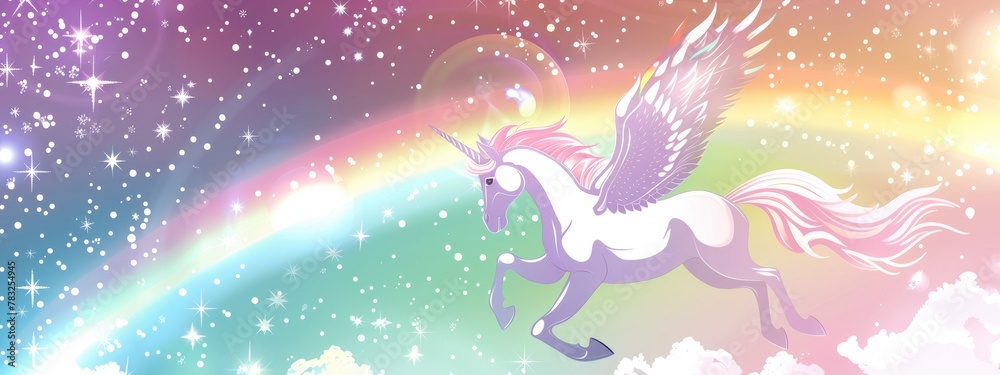Pegasus flying in the sky with a rainbow background in pastel colors with a glitter effect, glowing stars and clouds in pink, purple, blue, green and yellow and white