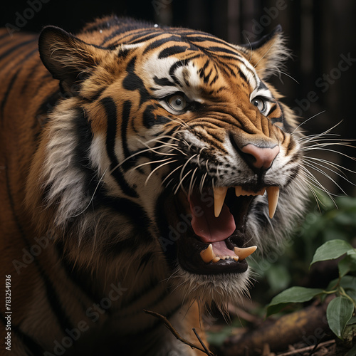 arge fierce tiger with mouth open, style of foreshortening techniques, dynamic pose, side profile, jungle, large leaves, side view, high contrast, photo grade