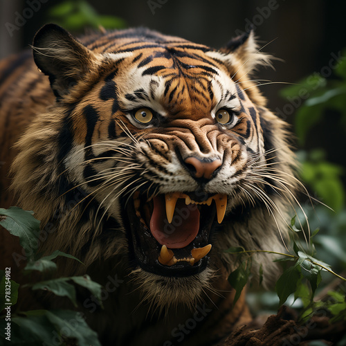 arge fierce tiger with mouth open, style of foreshortening techniques, dynamic pose, side profile, jungle, large leaves, side view, high contrast, photo grade photo