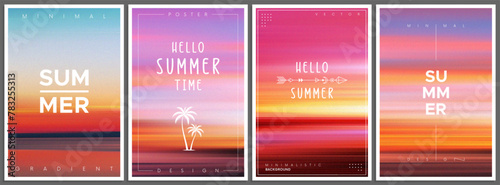 Set of summer gradient posters in minimal style. Beautiful ocean beach horizon with sunrise or sunset. Trendy design with ambient soft blurred background for banner, flyer, cover or invitation
