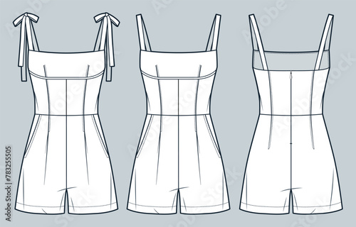 Jumpsuit technical fashion Illustration. Short Jumpsuit fashion flat technical drawing template, straps, back zipper, front and back view, white, women CAD mockup set.