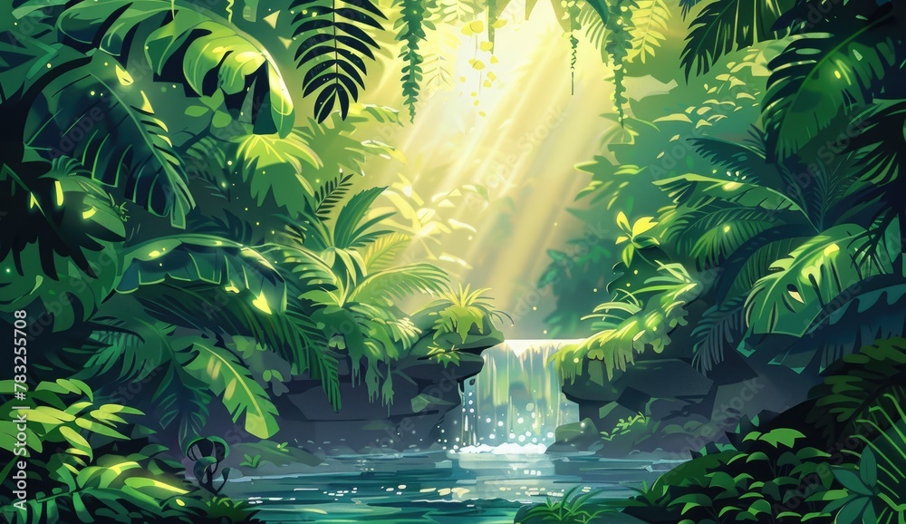 A radiant jungle waterfall scene with streaming sunlight through dense foliage in a digital art style.