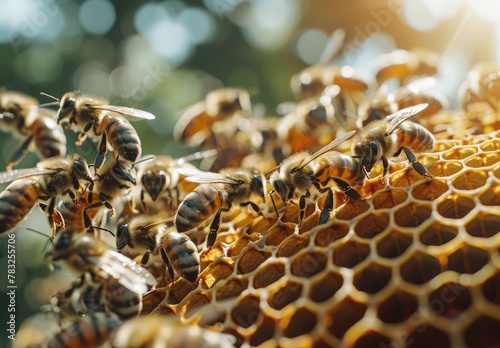 Close-up of honeybees on a honeycomb, with golden light highlighting the intricacies of their teamwork.