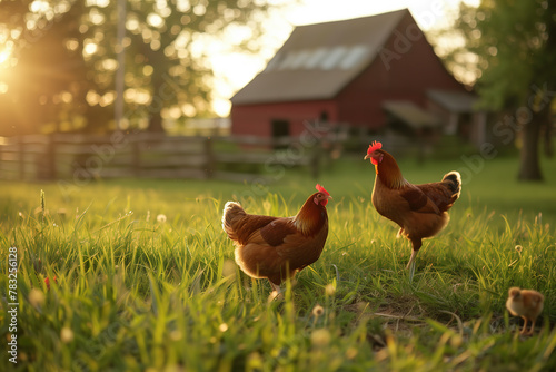 chickens walk on the grass near the farm