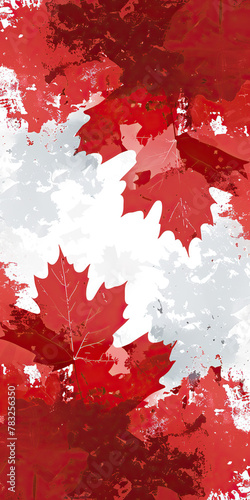 A red and white poster of a maple leaf with a forest background. The poster is titled "Canada"