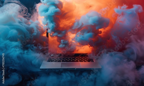 modern laptop burning, pc emergency and accident concept, data and information loss background photo