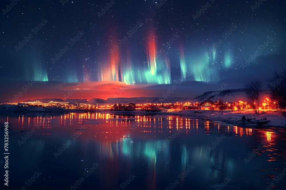 Icelandic Serenade: Aurora Borealis Reflections. Concept Northern Lights, Icelandic landscape, Reflections in water, Night photography, Nature's beauty