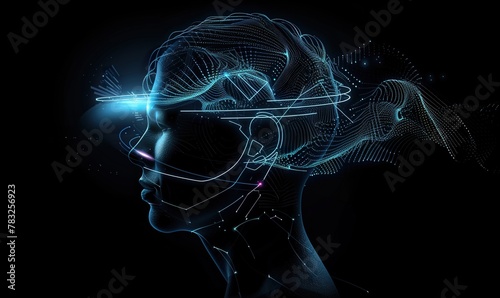 person head with futuristic scanning headset, brain waves scan, mindset and consciousness concept
