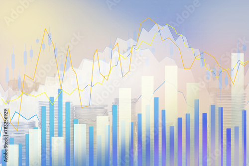 Double exposure of the city, stock market, graphics, rows of coins.