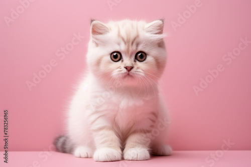 A cute grey and white cat is sitting on a pink surface. The cat has a curious expression on its face, and its eyes are wide open. The pink background adds a touch of color and warmth to the scene