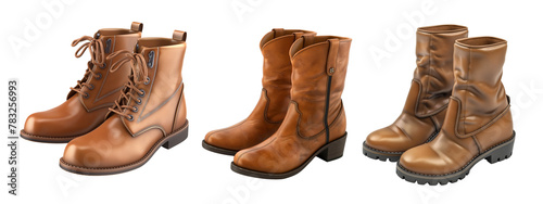 Variety of Stylish Leather Boots Display for Fashion and Footwear Isolated on Transparent Background, cut out. PNG