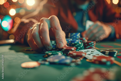 Poker player's hands close up on the table with chips and cards