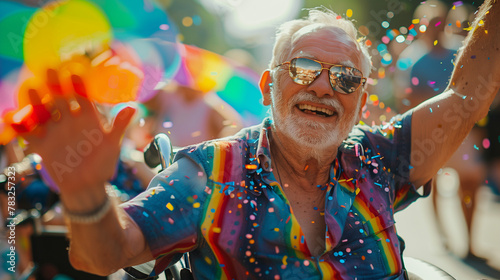Happy senior man in wheelchair celebrating gay pride parade in crowd. Mature male wearing rainbow shirt. Summer street party blue sky people & colourful balloons. Pride month LGBTQ+ inclusion concept 