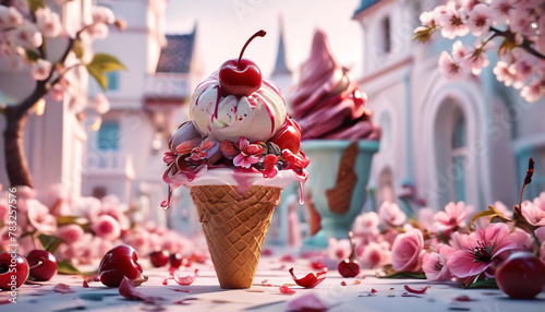 
Delicious and flavorful ice cream with a cherry on top surrounded by beautiful flowers. Generative AI.