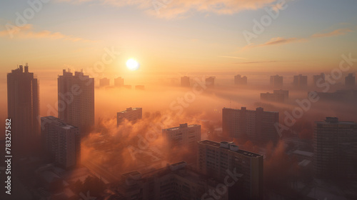 Aurore Citadine : Illustration Photoréaliste d'un Paysage Urbain au Lever du Soleil dans le Brouillard photo